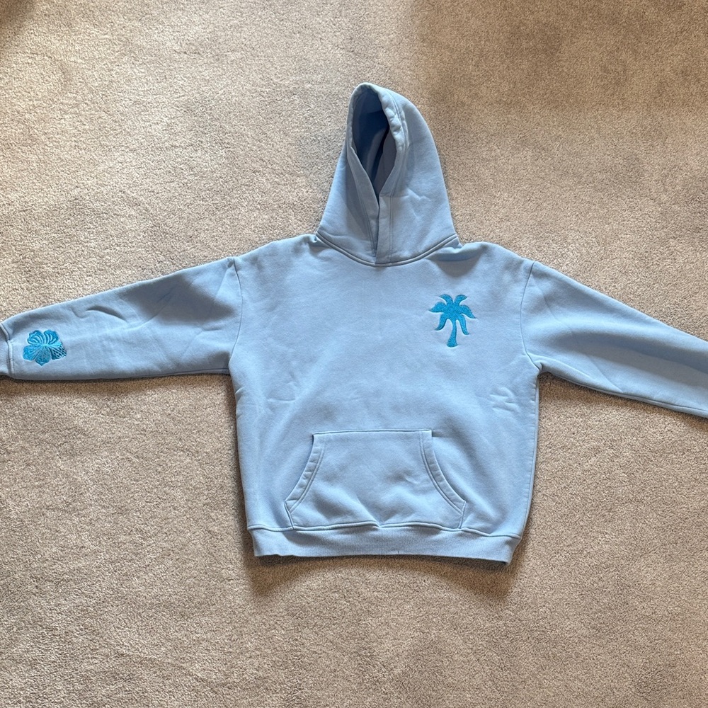 Pink Palm Puff Hoodie- Light Blue- size S